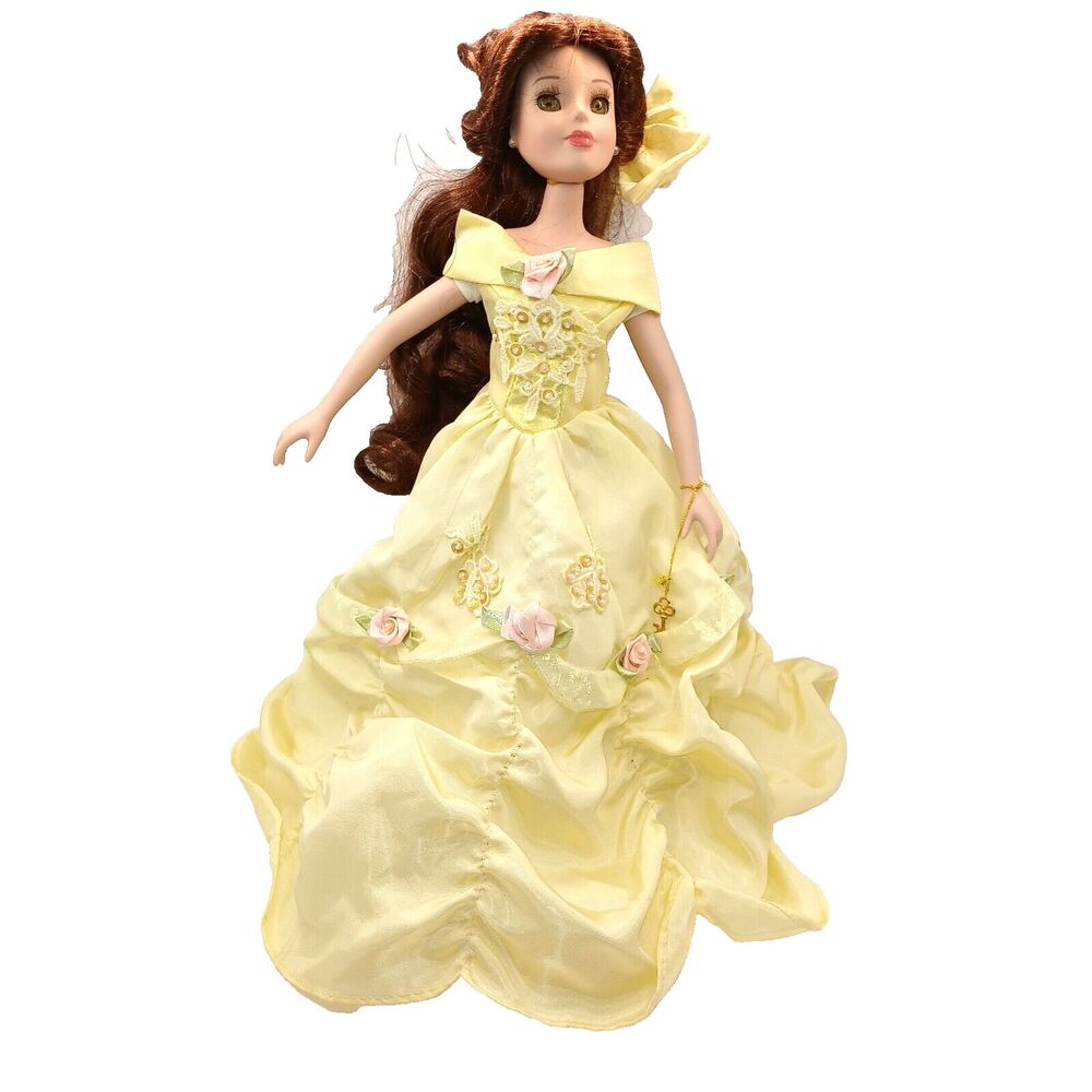 Disney Princess Belle Porcelain Doll with Brass Key Yellow Dress Lashes 14 in